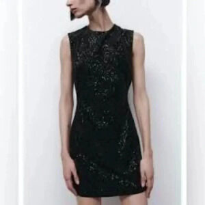 ZARA Black Mini Velvet Sequin Sleeveless Crew Neck Party Wedding Dress Sz. M